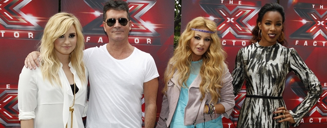 Judges for the upcoming season of the Fox television network reality series "The X Factor", Lovato, Cowell, Rubio and Rowland pose during photo opportunity in Los Angeles